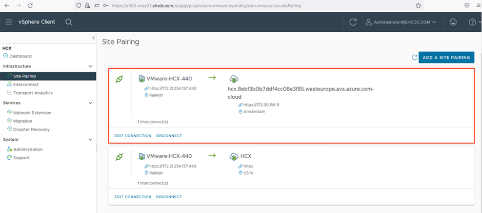 Screenshot des abgeschlossenen Prozesses auf dem HCX-Dashboard.