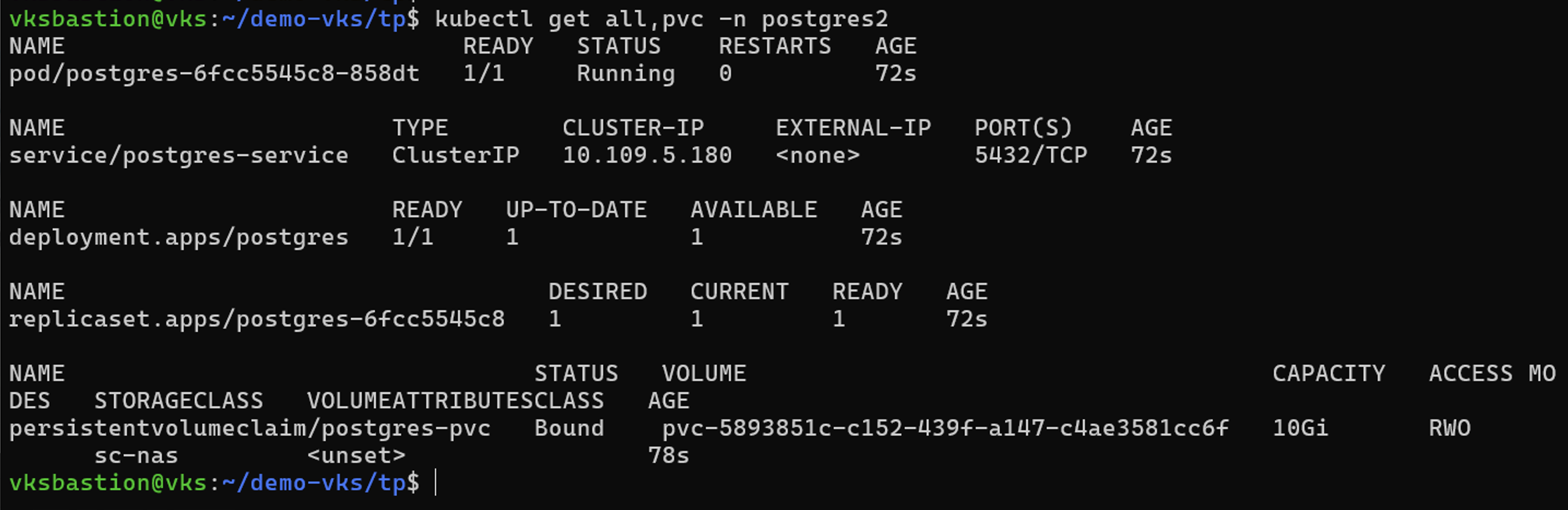 Die Postgres Anwendung wurde im neuen Namensraum wiederhergestellt.