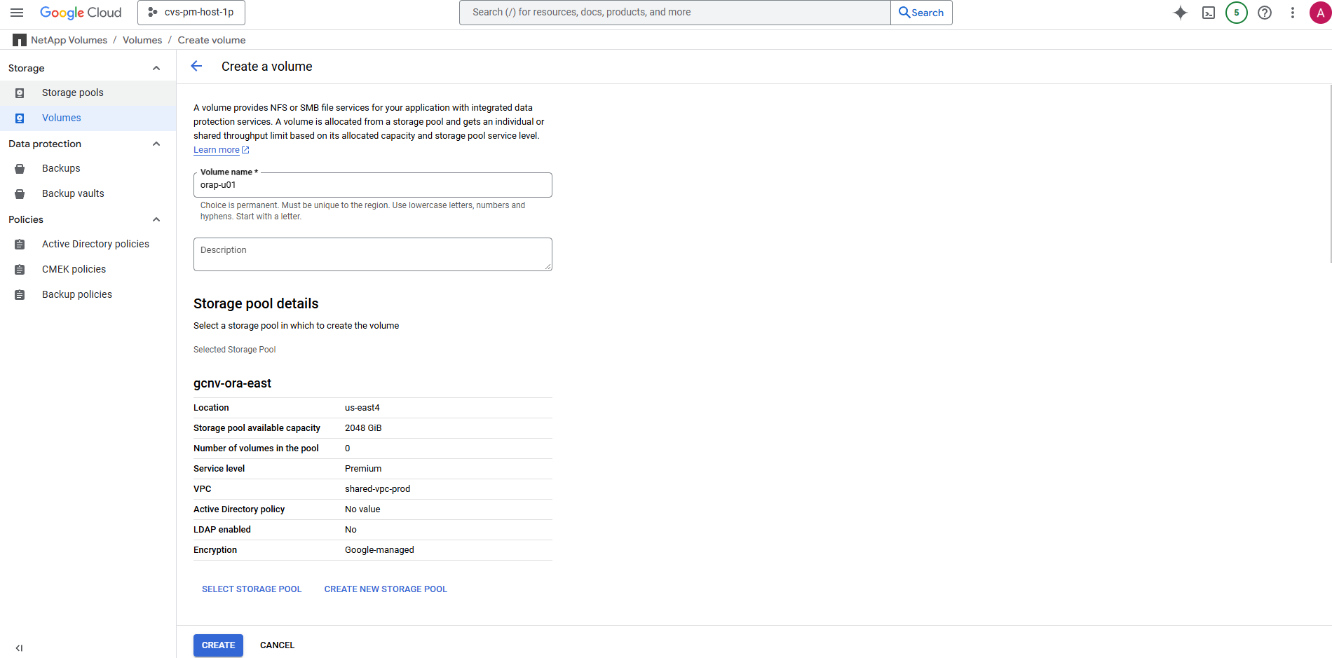 Screenshot, der die GCNV-Umgebungskonfiguration zeigt.
