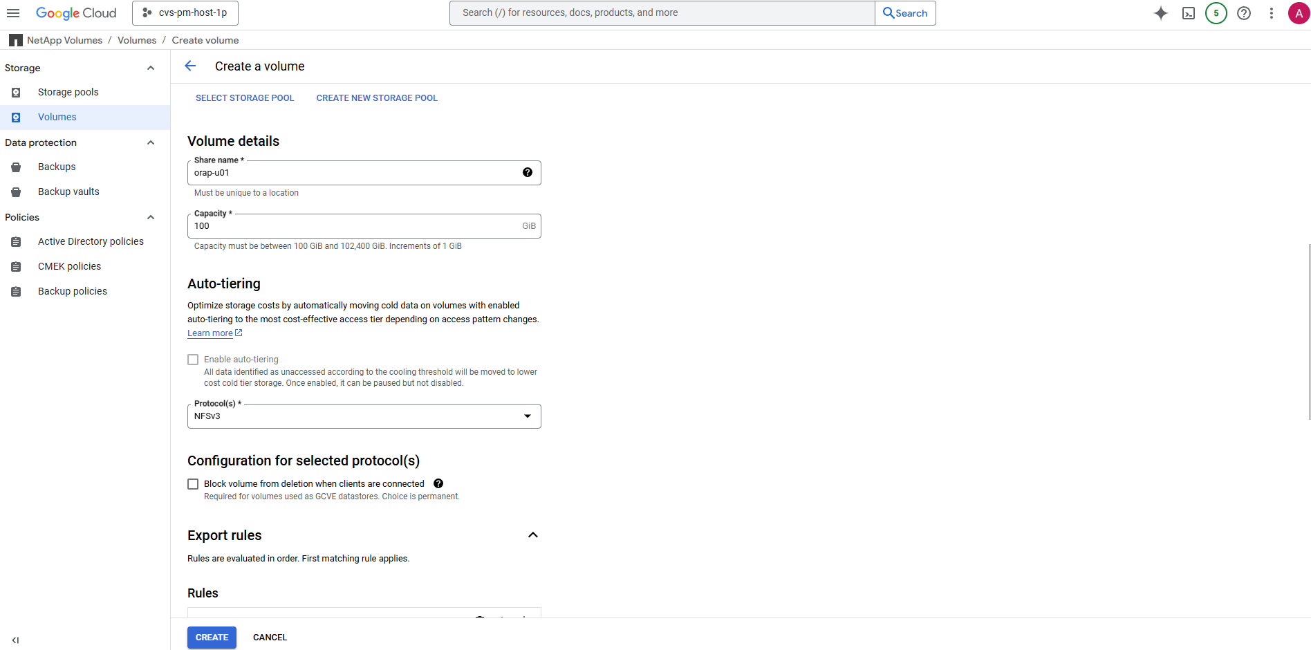 Screenshot, der die GCNV-Umgebungskonfiguration zeigt.