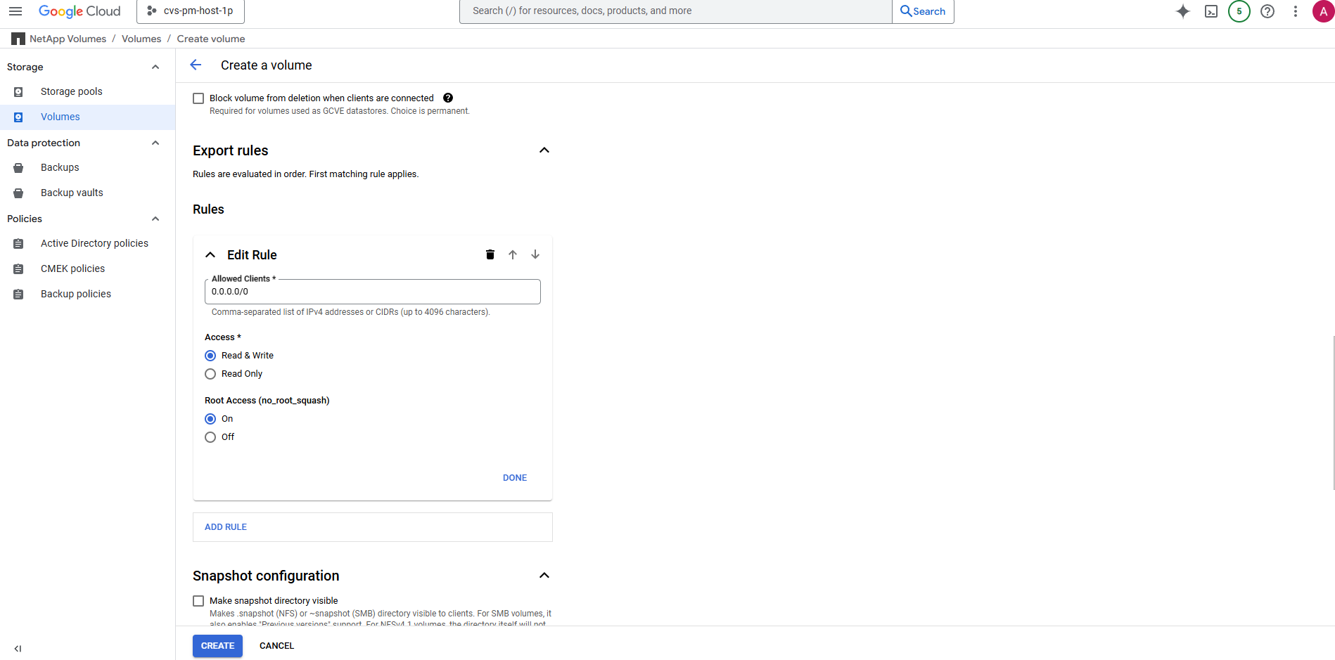 Screenshot, der die GCNV-Umgebungskonfiguration zeigt.