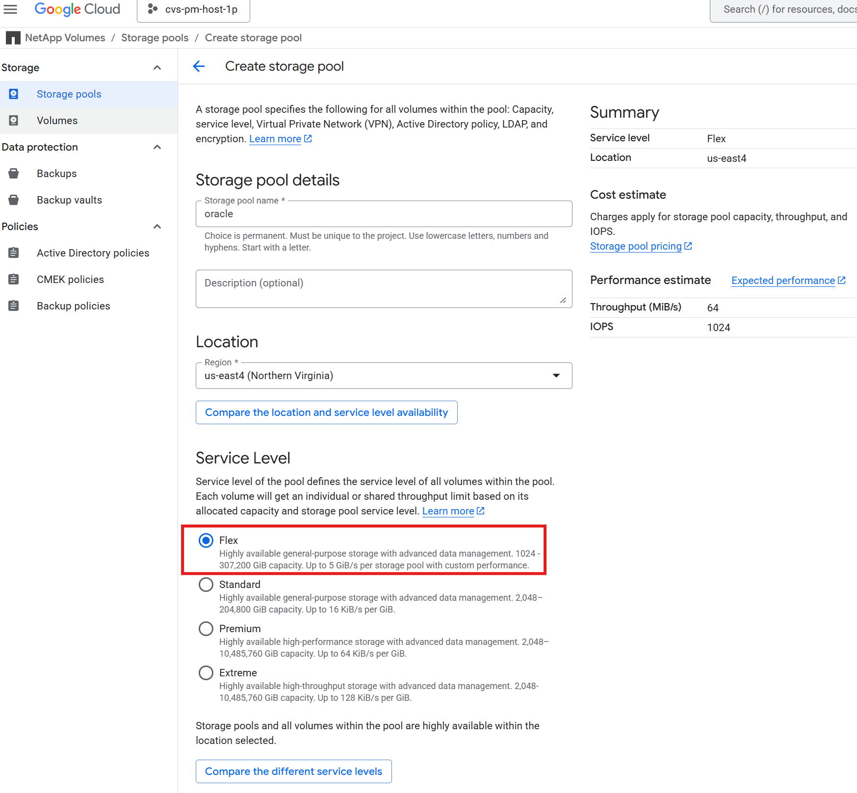 Dieses Bild enthält Screenshots der GCNV-Volumes-Konfiguration für die Oracle-Bereitstellung in Google Cloud mit NFS.