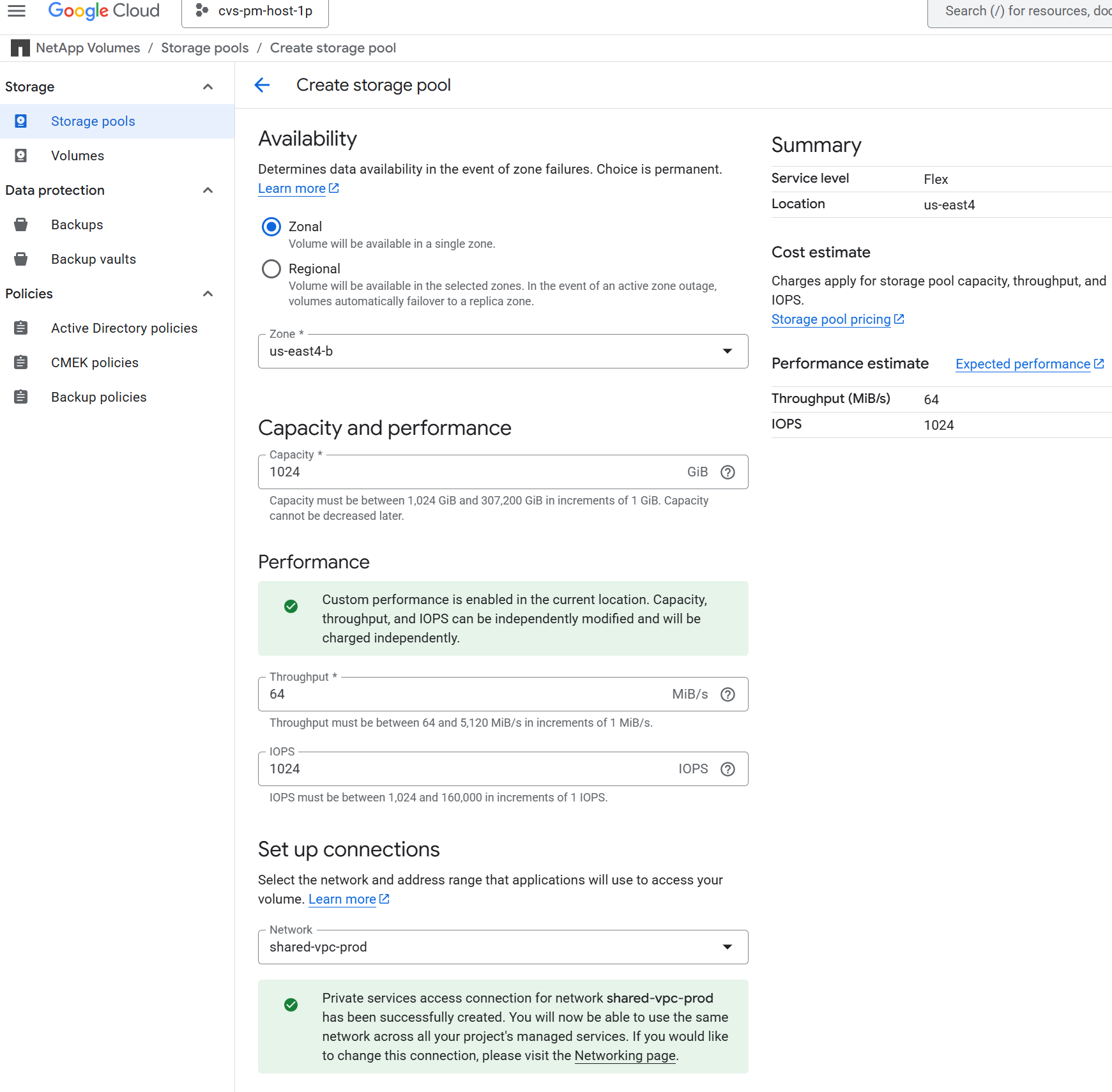 Dieses Bild enthält Screenshots der GCNV-Volumes-Konfiguration für die Oracle-Bereitstellung in Google Cloud mit NFS.