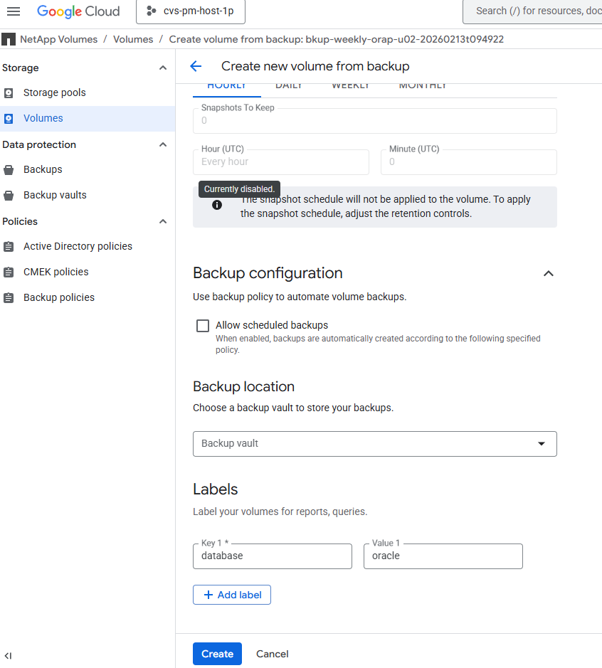 Dieses Bild enthält Screenshots für die GCNV vault Backup-Wiederherstellung für Oracle-Bereitstellungen in Google Cloud mit NFS.