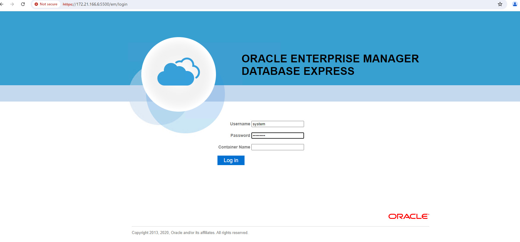 Screenshot, der die Oracle EM Express-Konfiguration zeigt.