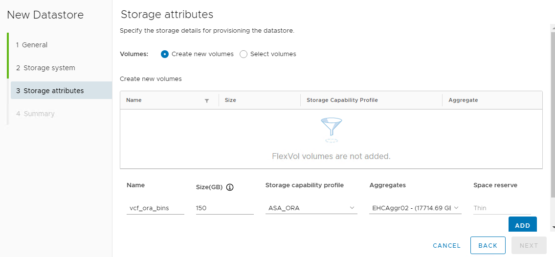 Screenshot, der die vVols Datenspeicherkonfiguration zeigt.