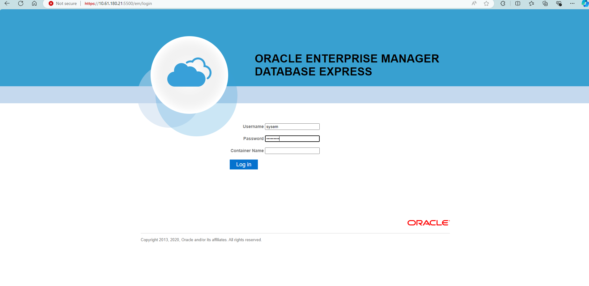 Screenshot, der die Oracle EM Express-Konfiguration zeigt.