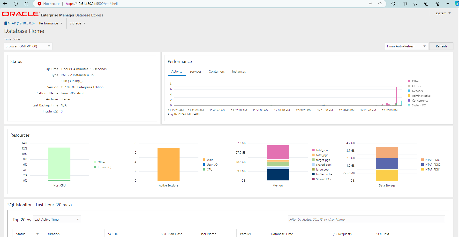 Screenshot, der die Oracle EM Express-Konfiguration zeigt.