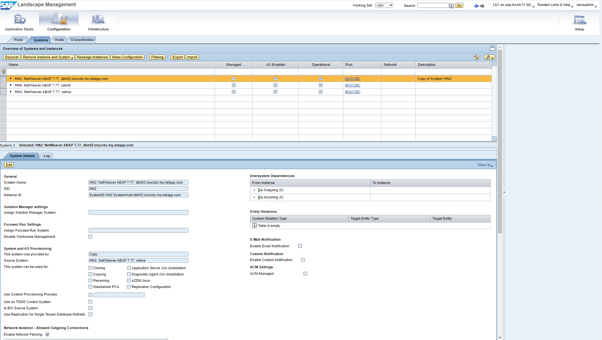 Dieser Screenshot zeigt den Bildschirm Lama Systems zusammen mit Systemdetails.