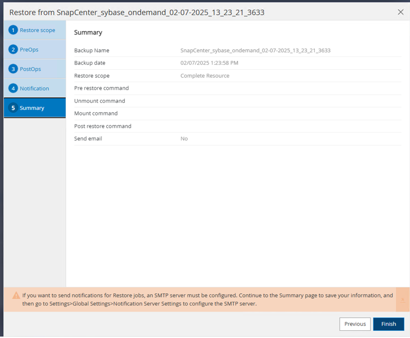 Screenshot der Zusammenfassung der Snapshot-Wiederherstellung