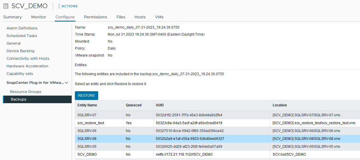 Wählen Sie die wiederherzustellende VM aus