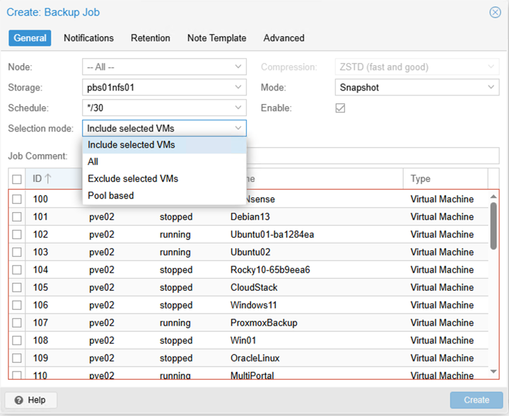 Konfiguration geplanter Backup-Jobs in Proxmox VE