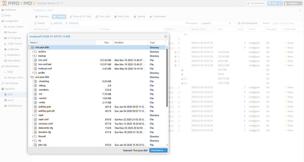 Anzeigen der Dateien über die Benutzeroberfläche des Proxmox Backup Servers