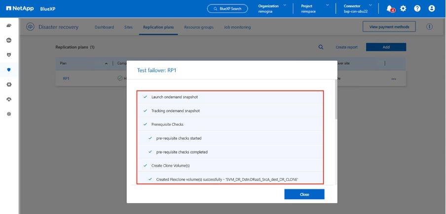 BlueXP replication Replikationsplan-Test-Failover-Ergebnis