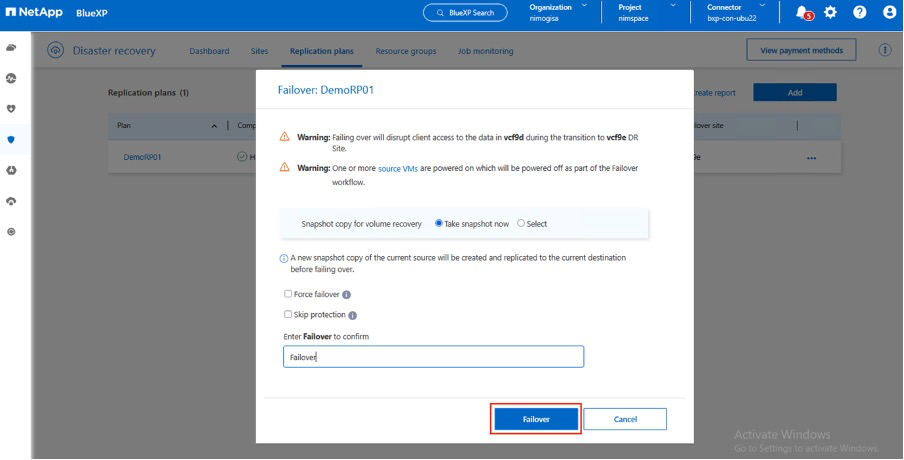Bestätigung der Failover-Aktion des BlueXP replication