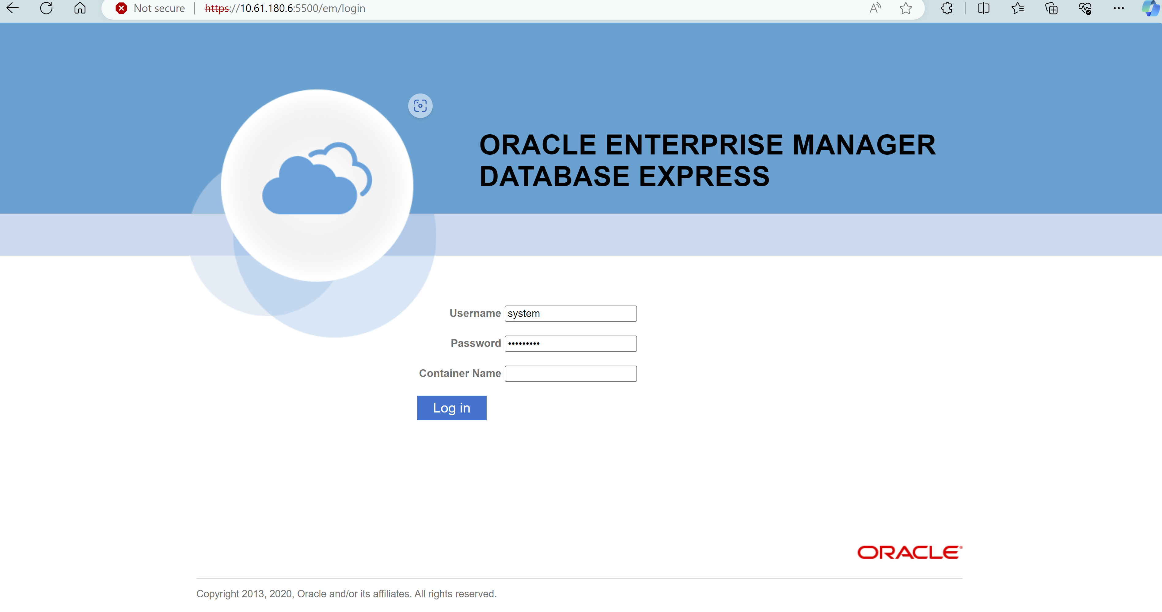 Dieses Bild zeigt den Anmeldebildschirm für Oracle Enterprise Manager Express an