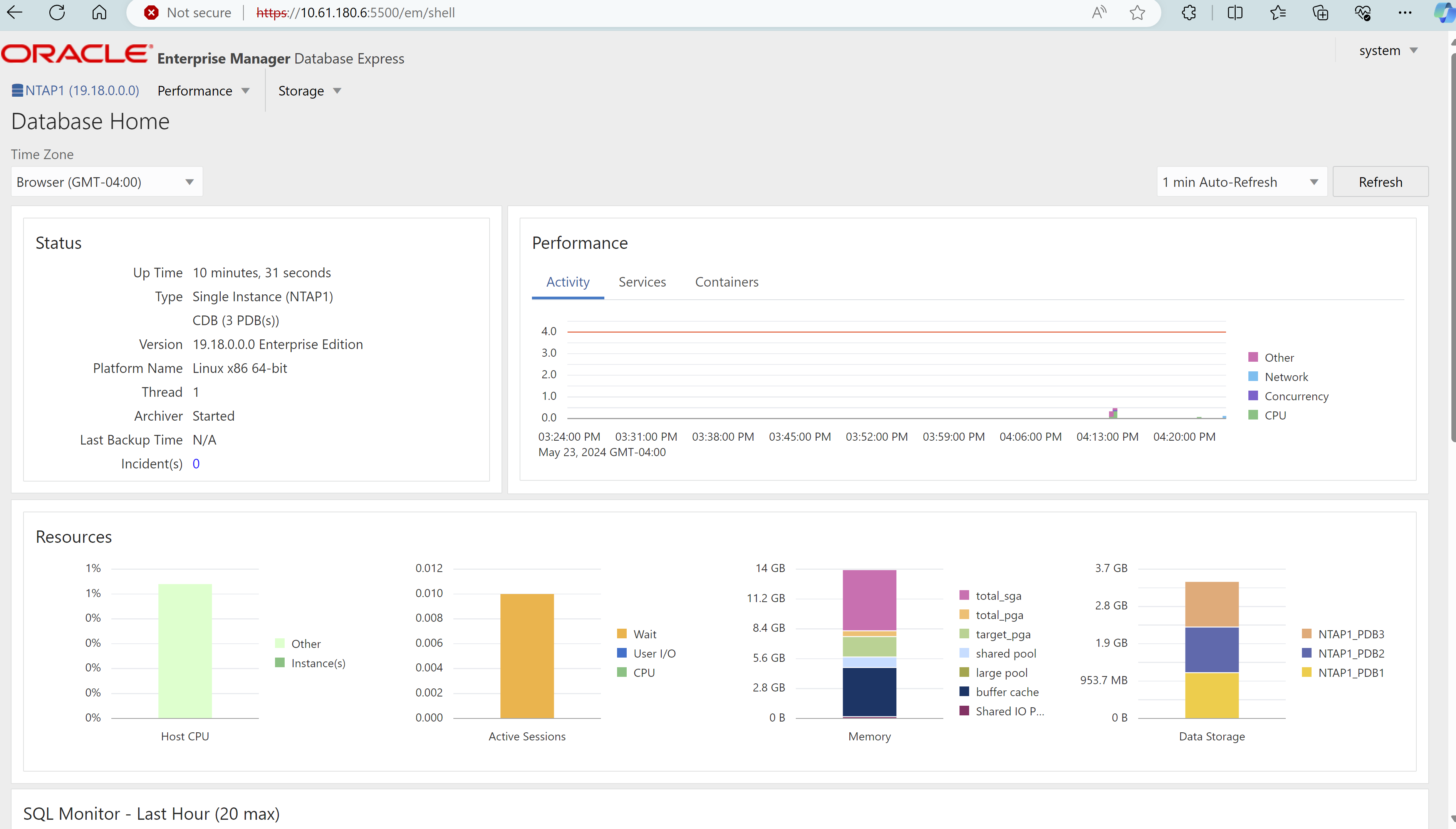 Dieses Bild bietet eine Ansicht der Container-Datenbank von Oracle Enterprise Manager Express