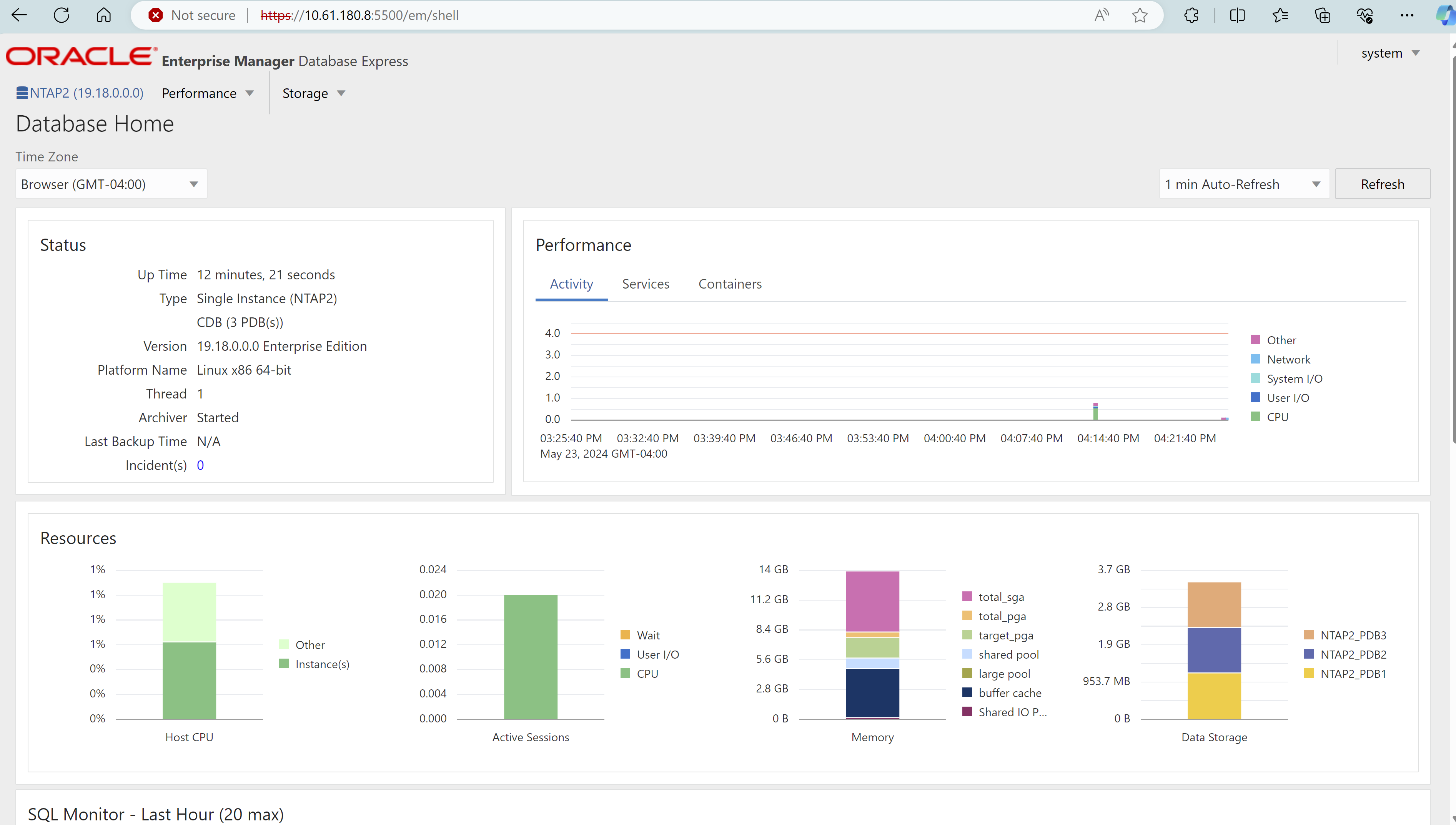 Dieses Bild bietet eine Ansicht der Container-Datenbank von Oracle Enterprise Manager Express