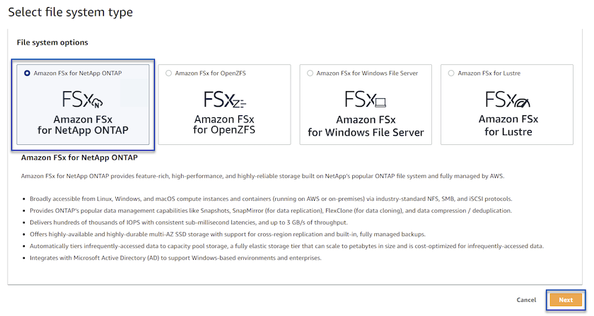 Wählen Sie Amazon FSX for NetApp ONTAP aus