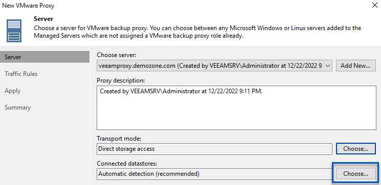 Wählen Sie einen Server für VMware Proxy aus