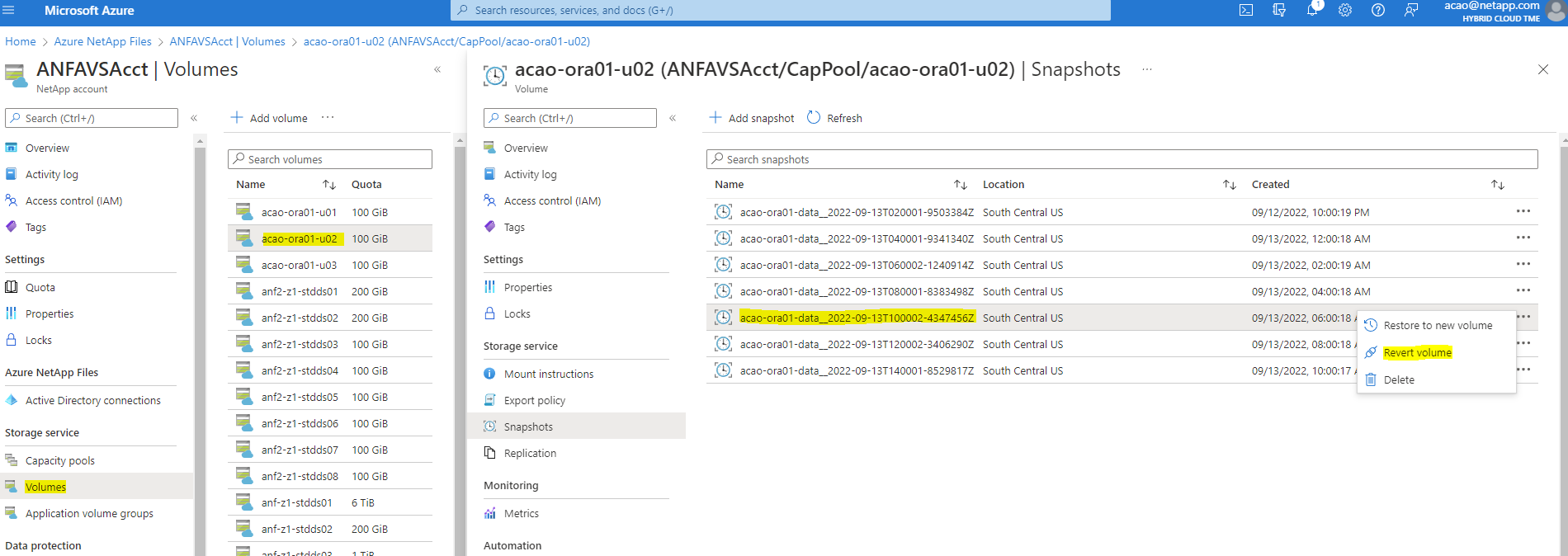 Dieser Screenshot zeigt die Methode der Umversion von Snapshots für Datenvolumen im ANF-Dashboard.