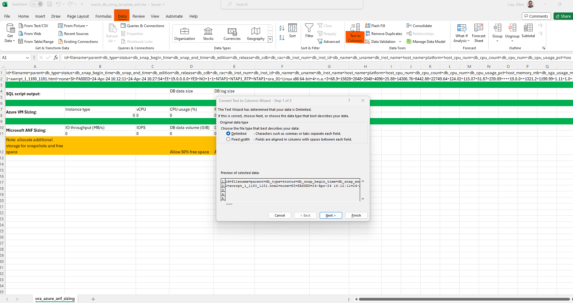 Dieses Bild enthält einen Screenshot der Excel-Vorlage für die Oracle-Größenbestimmung