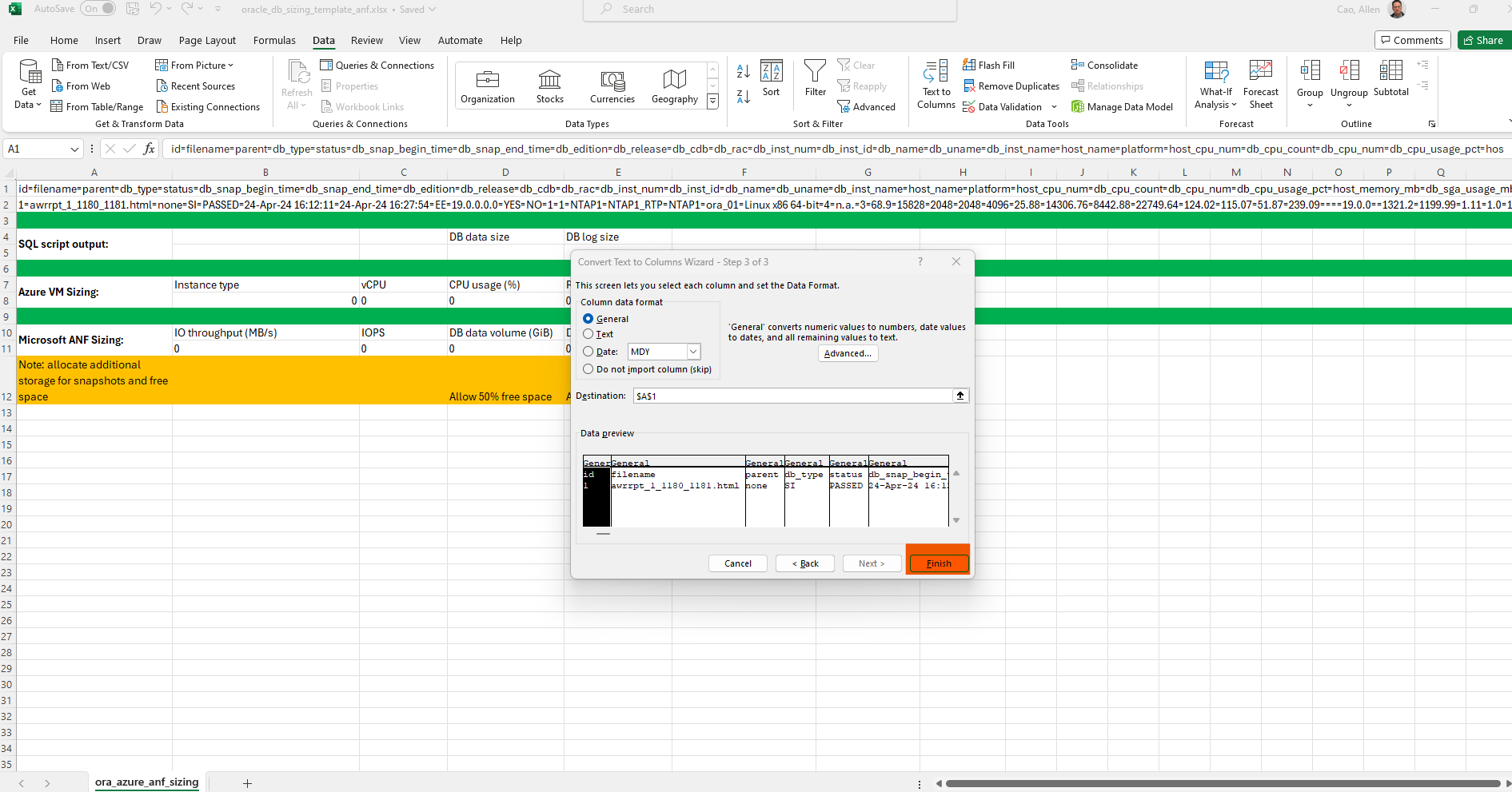 Dieses Bild enthält einen Screenshot der Excel-Vorlage für die Oracle-Größenbestimmung