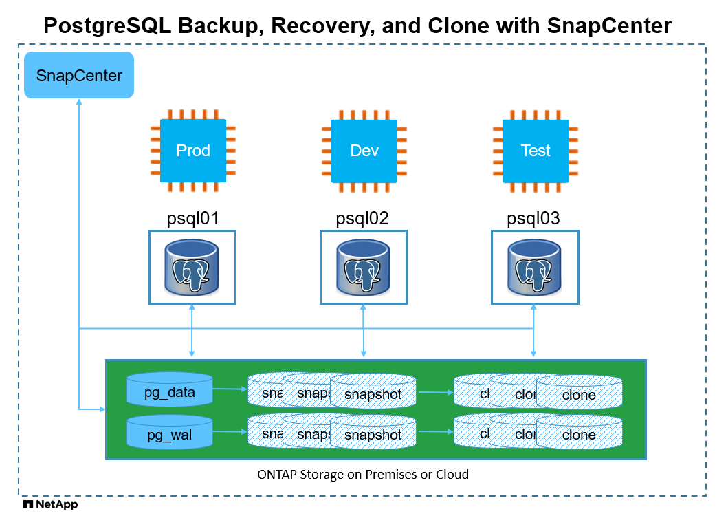 Dieses Bild bietet ein detailliertes Bild des PostgreSQL-Backups, der Wiederherstellung und des Klons mit SnapCenter.