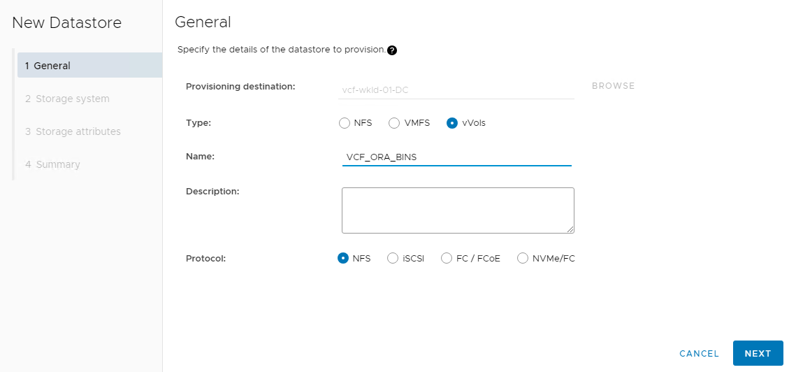 Screenshot mit der Konfiguration des VVols Datastore