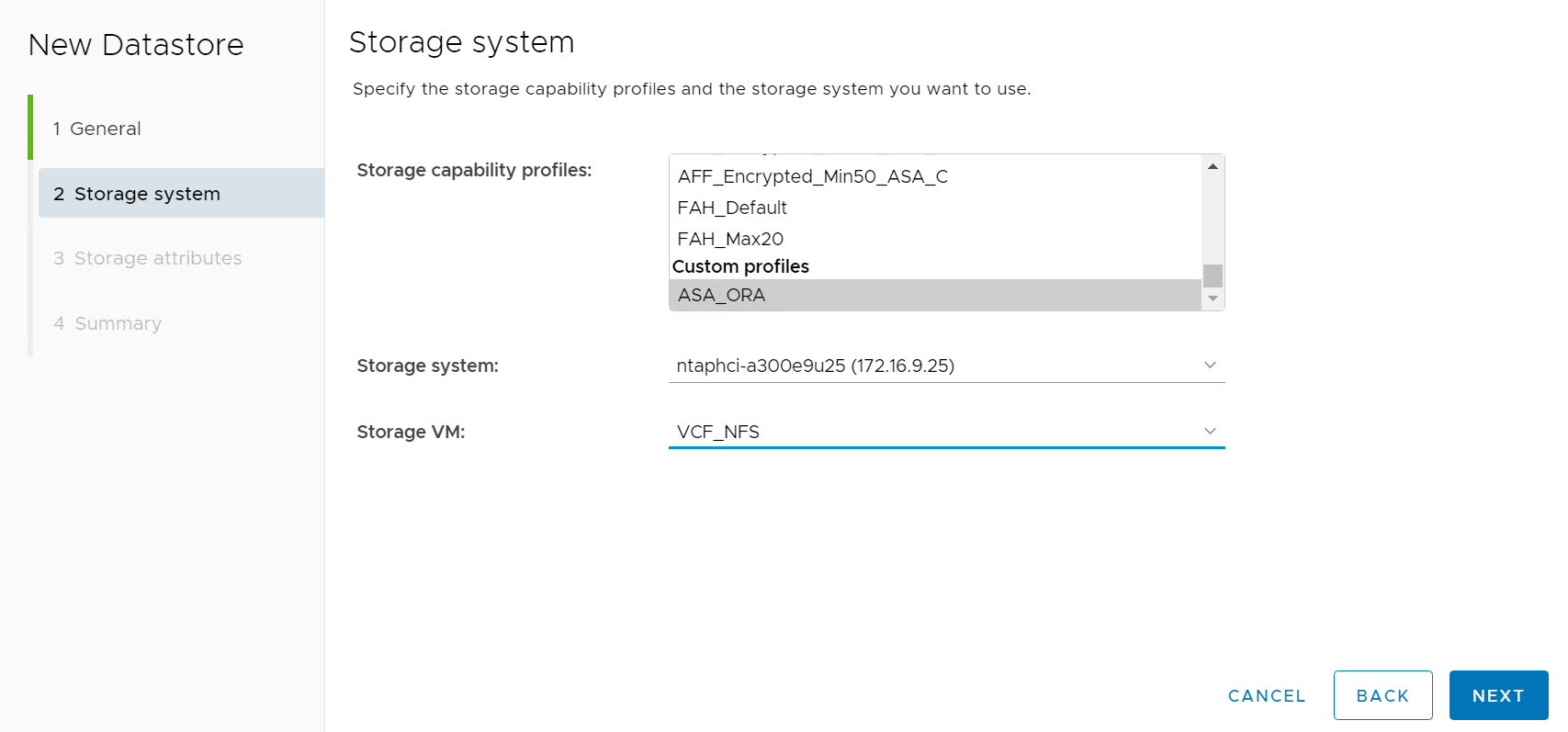 Screenshot mit der Konfiguration des VVols Datastore