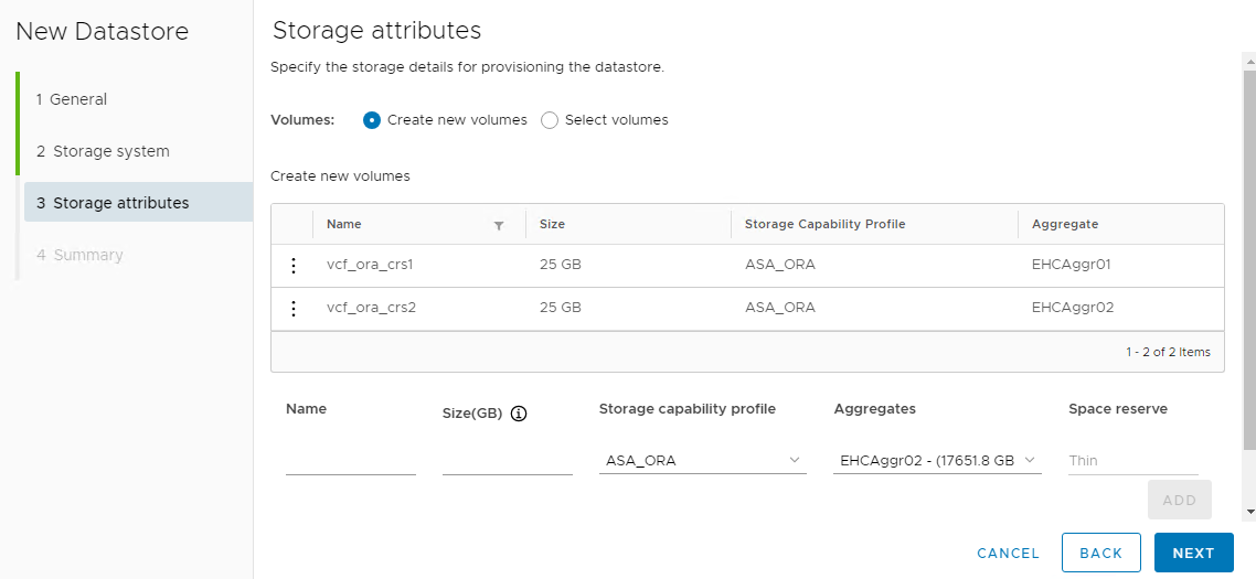 Screenshot mit der Konfiguration des VVols Datastore