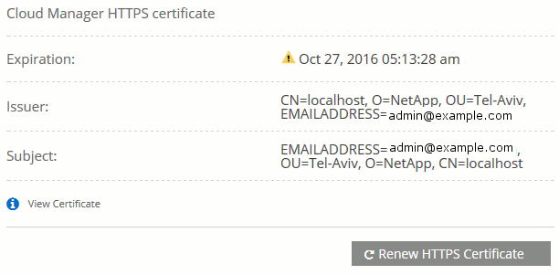Screenshot: Zeigt die Seite HTTPS Setup an, nachdem Sie ein signiertes Zertifikat installiert haben. Auf der Seite werden die Zertifikateigenschaften und eine Option zum Erneuern des Zertifikats angezeigt.