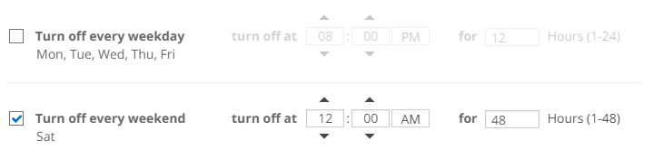 Screenshot: Zeigt einen Zeitplan zum Herunterfahren, der Cloud Volumes ONTAP jedes Wochenende um 12:00 Uhr für 48 Stunden herunterfährt.