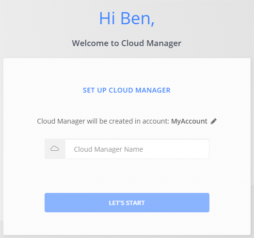 Screenshot aus dem Cloud Manager Setup-Assistenten, in dem Sie zum Cloud Central Konto aufgefordert werden, in dem Sie Cloud Manager erstellen möchten.