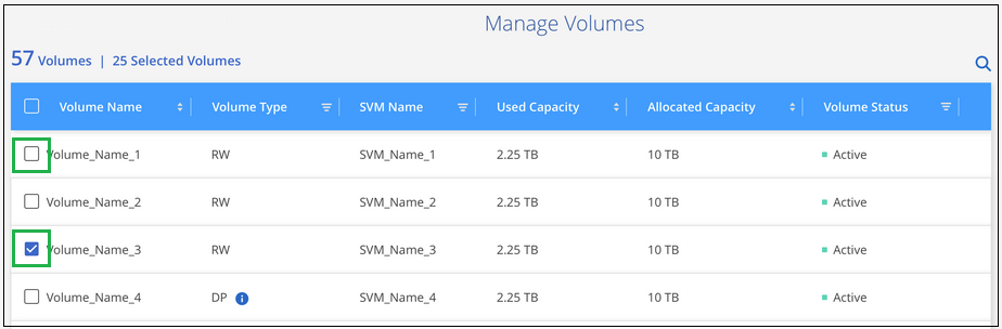 Die Seite Volumes managen, auf der Sie Volumes auswählen oder deaktivieren können.