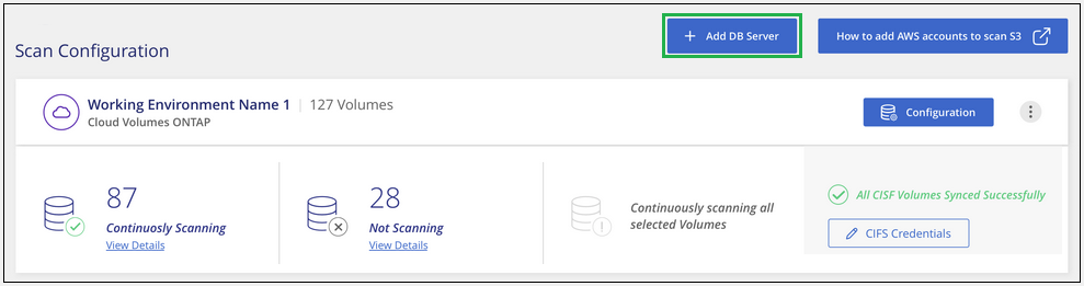 Ein Screenshot der Seite Scankonfiguration, auf der Sie auf die Schaltfläche DB-Server hinzufügen klicken können.