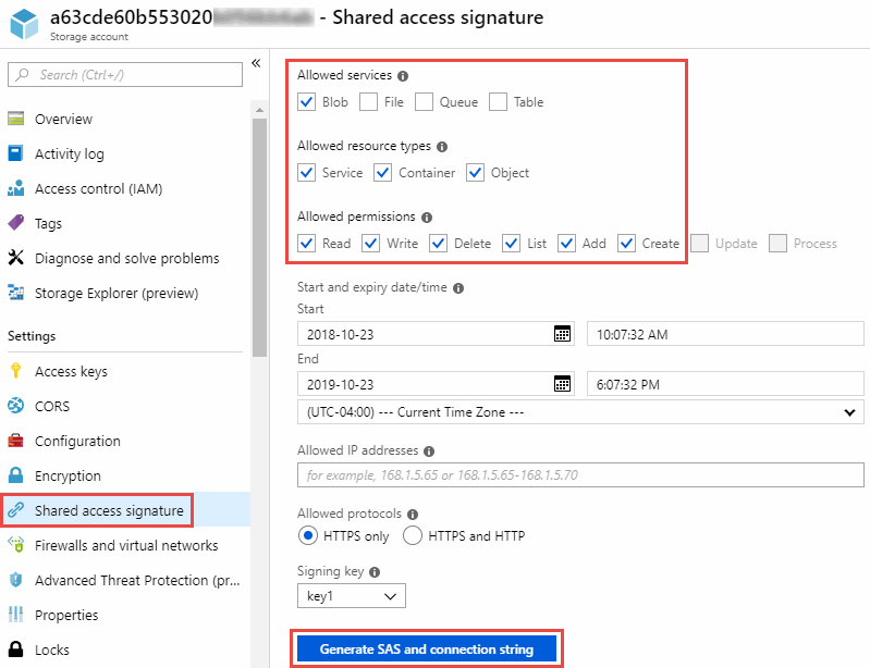 Zeigt eine Signatur für gemeinsamen Zugriff, die im Azure Portal durch Auswahl eines Storage-Kontos verfügbar ist, und klicken Sie dann auf Signatur für gemeinsamen Zugriff.