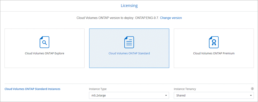 Ein Screenshot der Lizenzierungsseite. Hier werden die Cloud Volumes ONTAP-Version, die Lizenz (entweder Explore, Standard oder Premium) und der Instanztyp angezeigt.
