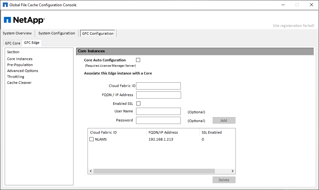Ein Screenshot mit den Edge-Einträgen, die den Global File Cache Core identifizieren, der verwendet werden soll.