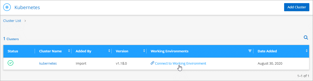 Ein Screenshot aus der Kubernetes-Cluster-Liste, in der Sie auf Connect to Working Environment klicken können.