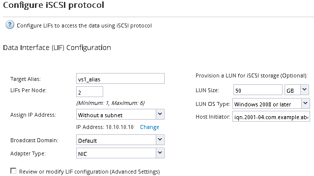 Abbildung zeigt Schritt 3 des SVM Setup-Assistenten: Ausfüllen der iSCSI-Details.