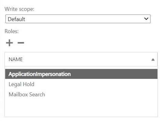 Screenshot des Fensters „Schreibumfang“ bei der Konfiguration von Impersonation für Microsoft Exchange Online