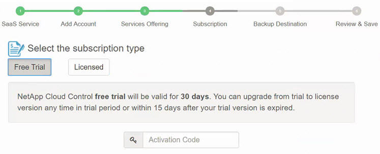 Screenshot, der zeigt, wo Sie einen Aktivierungscode auf der Seite Abonnement eingeben, wenn die Option kostenlose Testversion ausgewählt ist.