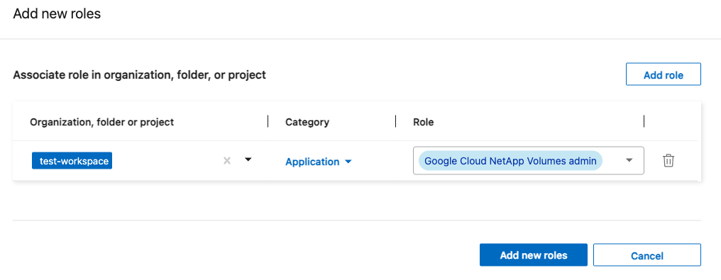 Ein Screenshot der Google Cloud NetApp Volumes -Rolle.