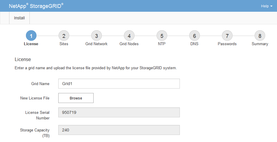 Lizenzseite für Grid Manager Installer