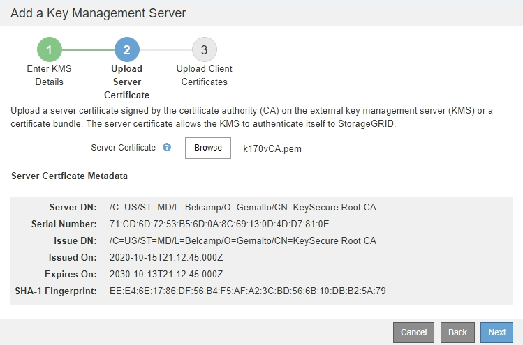 KMS Schritt 2 Server-Zertifikat-Metadaten
