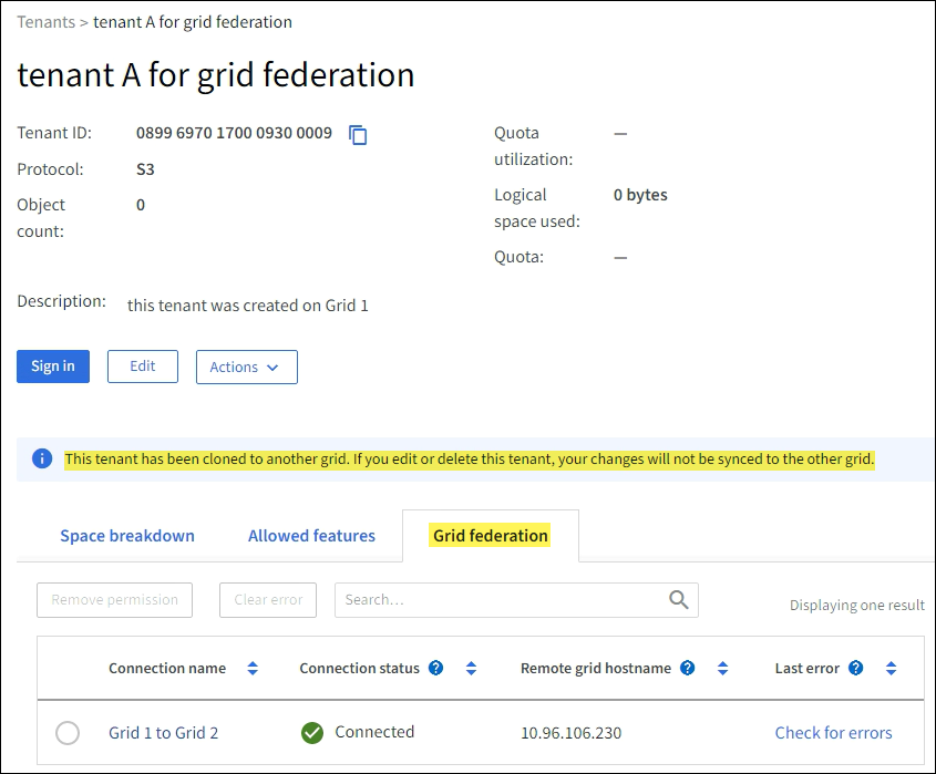 Registerkarte „Grid Federation“ auf der Seite „Tenant Details“