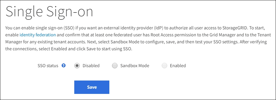 Single Sign-On-Seite mit deaktiviertem SSO-Status
