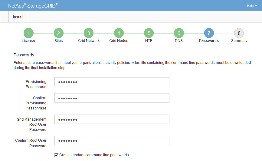 Seite mit den Kennwörtern des Grid Manager-Installationsprogramms