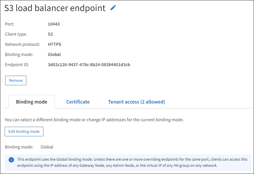 Details zum Endpunkt der Load Balancer